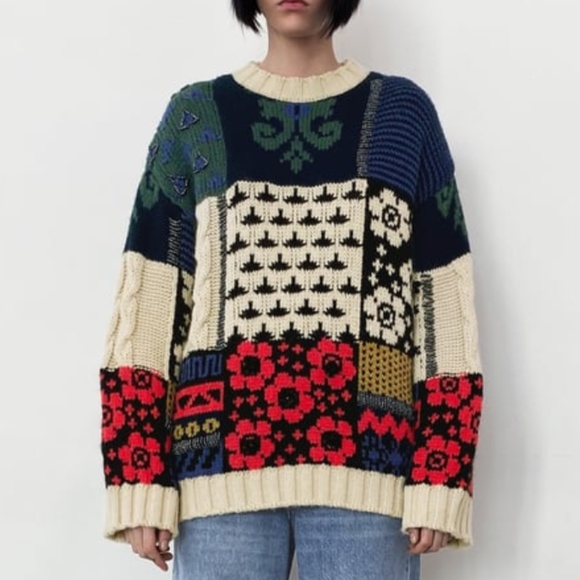 Zara wool blend embellished patchwork knit sweater limited edition NWT - Picture 2 of 15